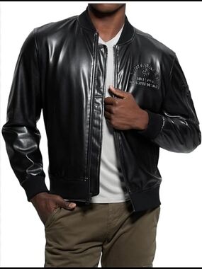 GUESS District Bomber Jacket Black Zip Logo Men's Small